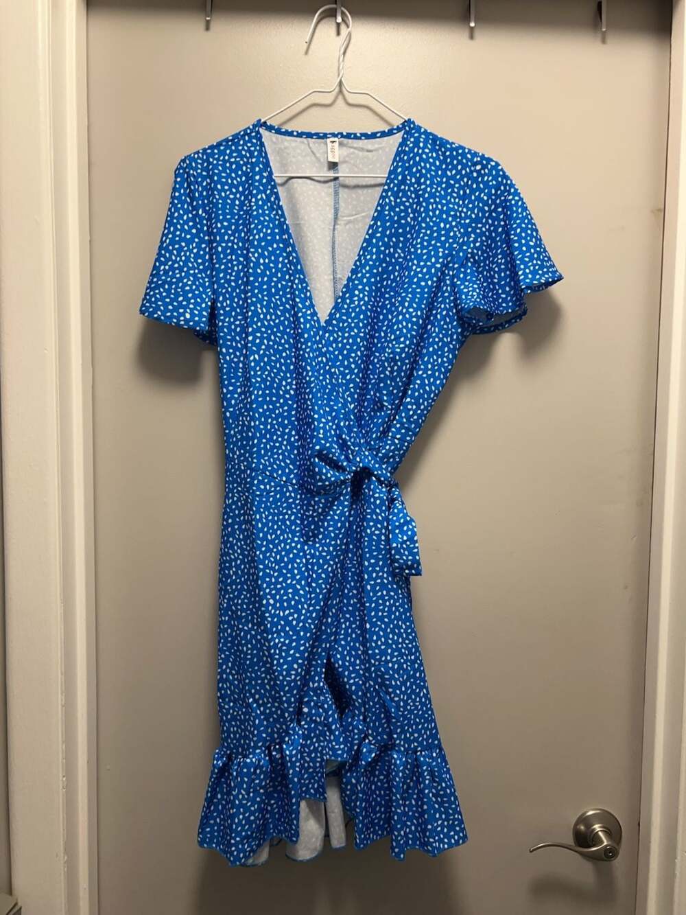Naggoo Blue and White Polka Dot Short Sleeve Wrap Dress